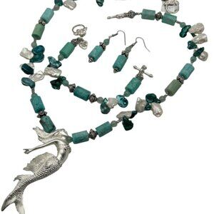 Handmade Jewelry Set ~ Silver Mermaid Amazonite, Agate,Teal & White Keishi Pearl